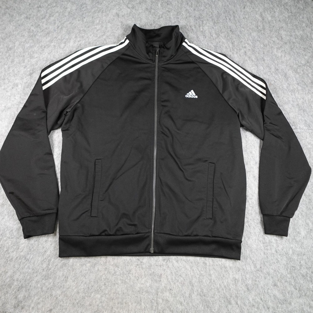 Adidas Jacket Mens Extra Large Black Track Tricot Full Zip Running Three Stripe